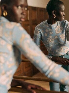 Sezane Felix Blue Floral Mock-Neck Long Sleeve Top cotton bohemian chic cottage